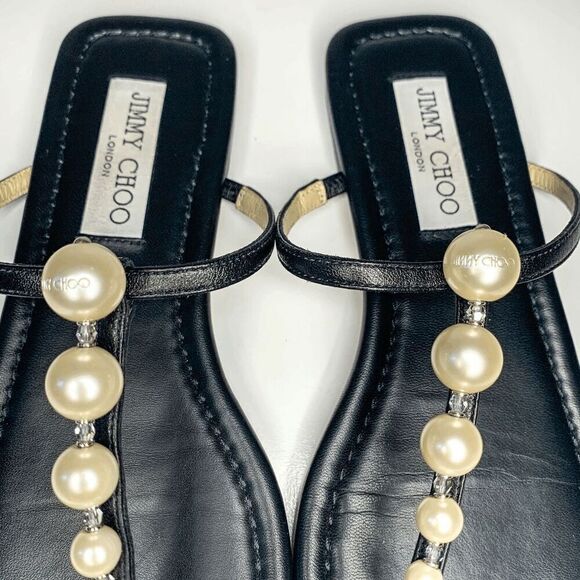 Jimmy Choo Alaina Faux Pearl Embellished Leather Flat Sandals EU 38 US 8 Black - Picture 4 of 9